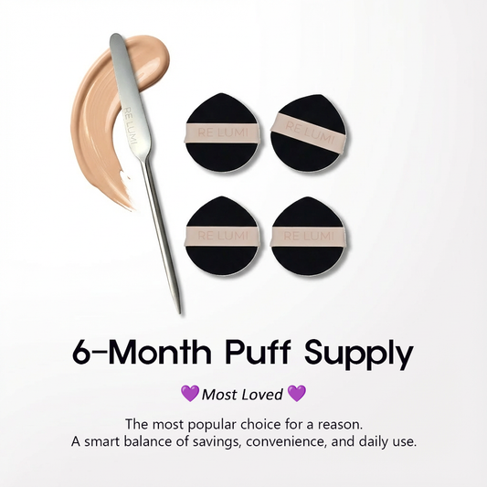 RE LUMI stainless steel spatula with four bio-based makeup puffs for a clean, eco-conscious base and steel-smooth finish.