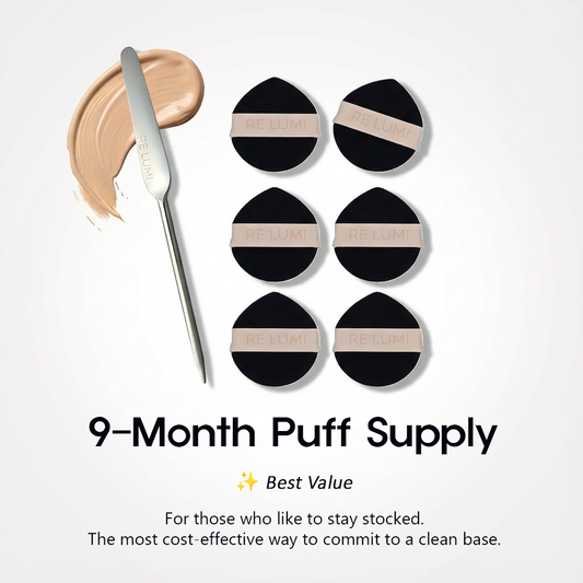 RE LUMI stainless steel spatula paired with six bio-based puffs for a long-lasting, eco-conscious routine and steel-smooth finish.