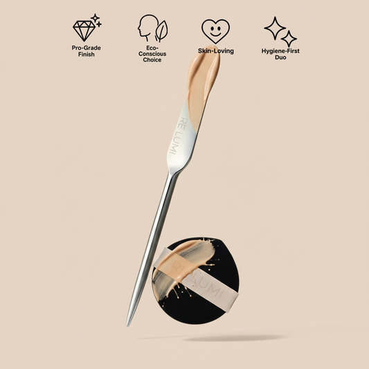 RE LUMI stainless steel spatula and bio-based puff duo on beige background, showcasing pro-grade, skin-loving, eco-friendly, and hygienic K-beauty design.
