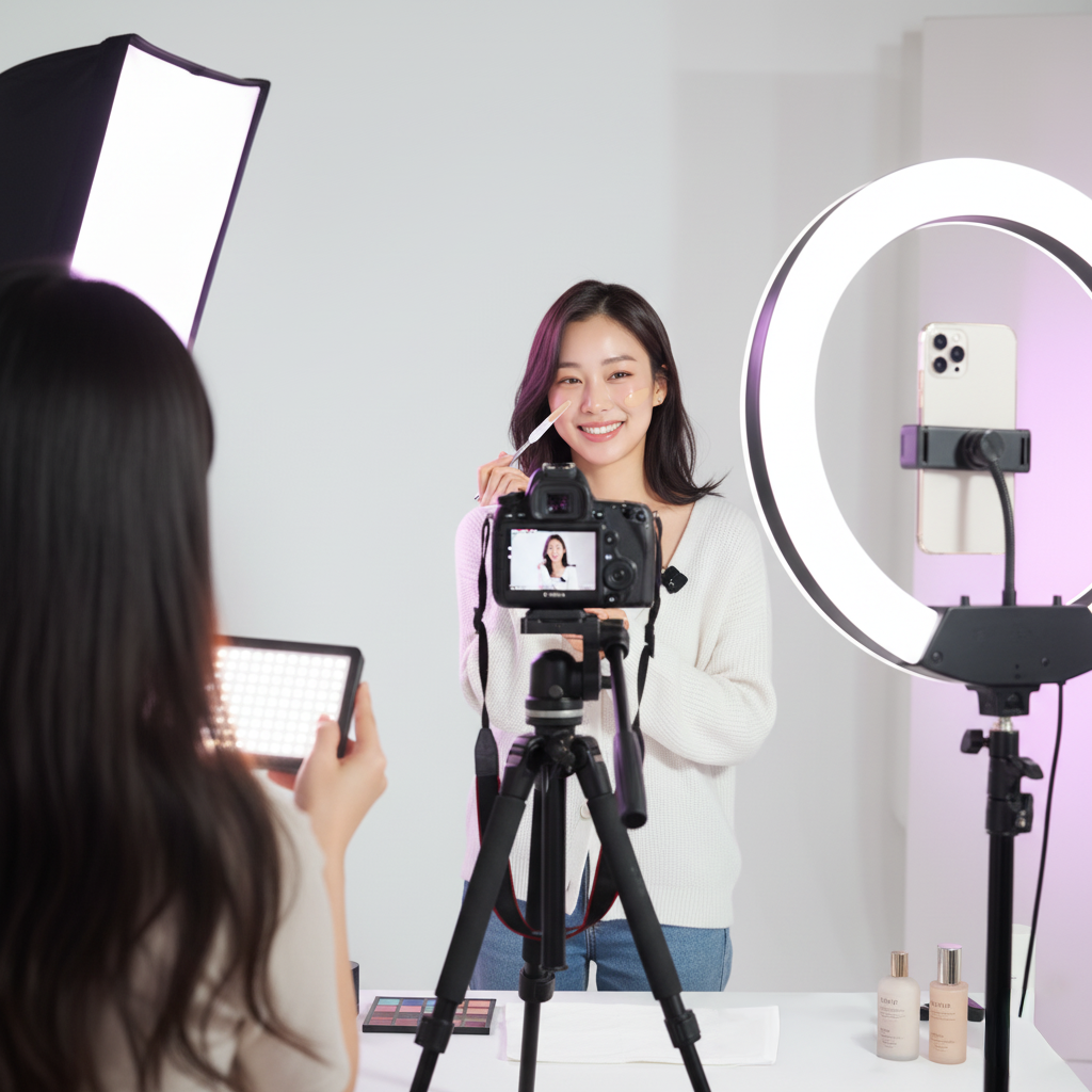 Eco-conscious beauty creator filming with stainless steel spatula under soft light, promoting mindful beauty by RE LUMI