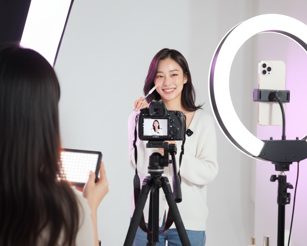 Eco-conscious beauty creator filming with stainless steel spatula under soft light, promoting mindful beauty by RE LUMI