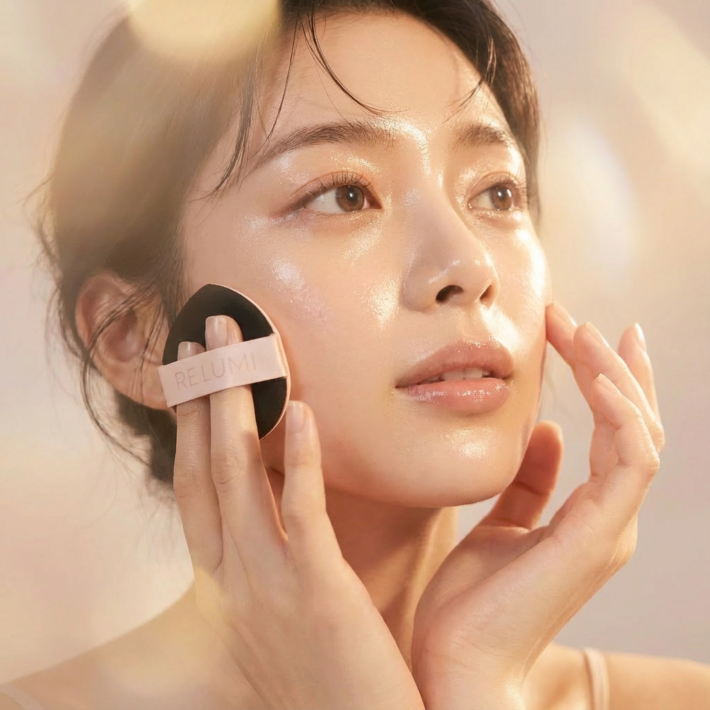 A model with flawless base holding RE LUMI makeup puff 