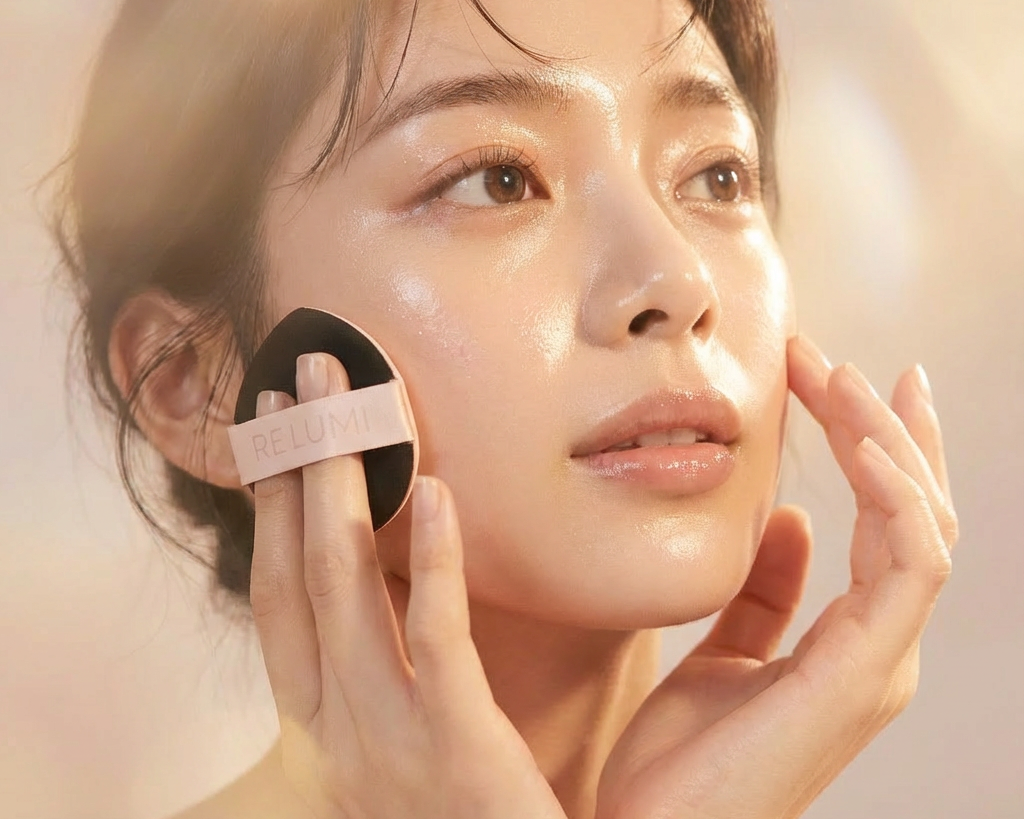 A model with flawless base holding RE LUMI makeup puff 