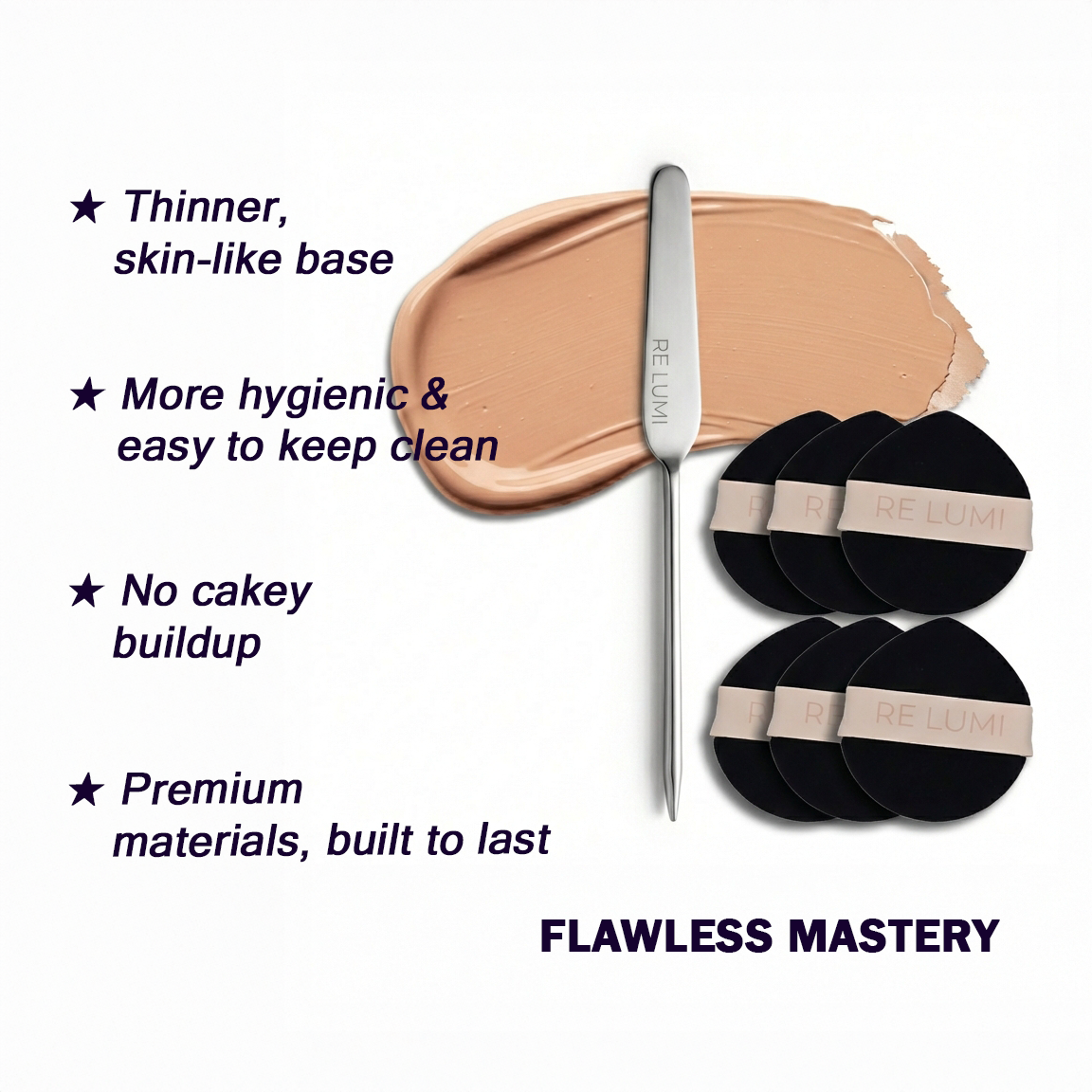 RE LUMI premium foundation spatula with multiple makeup puffs set for flawless base, hygienic application, and no cakey buildup