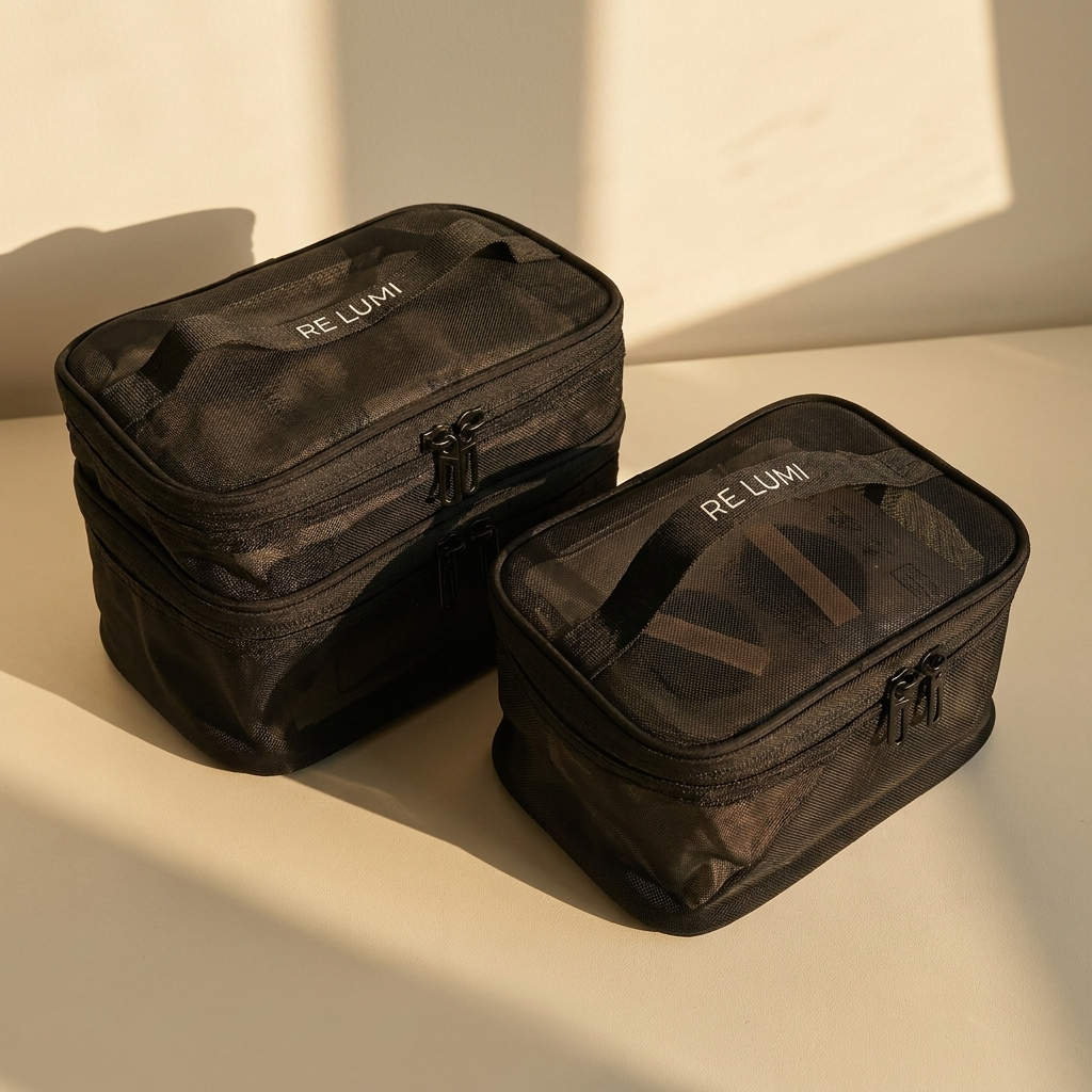RE LUMI black mesh makeup organizer bags for professional beauty tools and makeup puffs, shown in two sizes with zip closures.