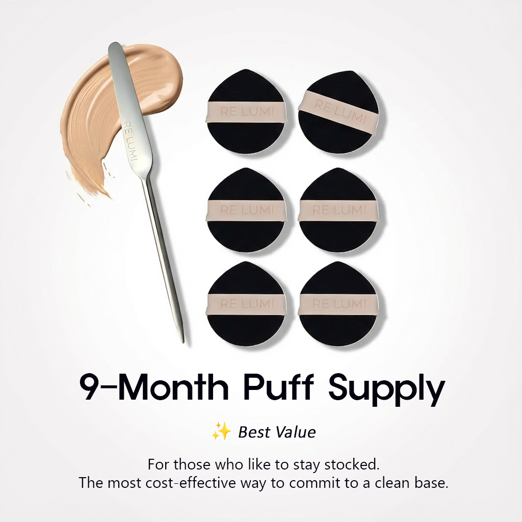 RE LUMI stainless steel spatula paired with six bio-based puffs for a long-lasting, eco-conscious routine and steel-smooth finish.