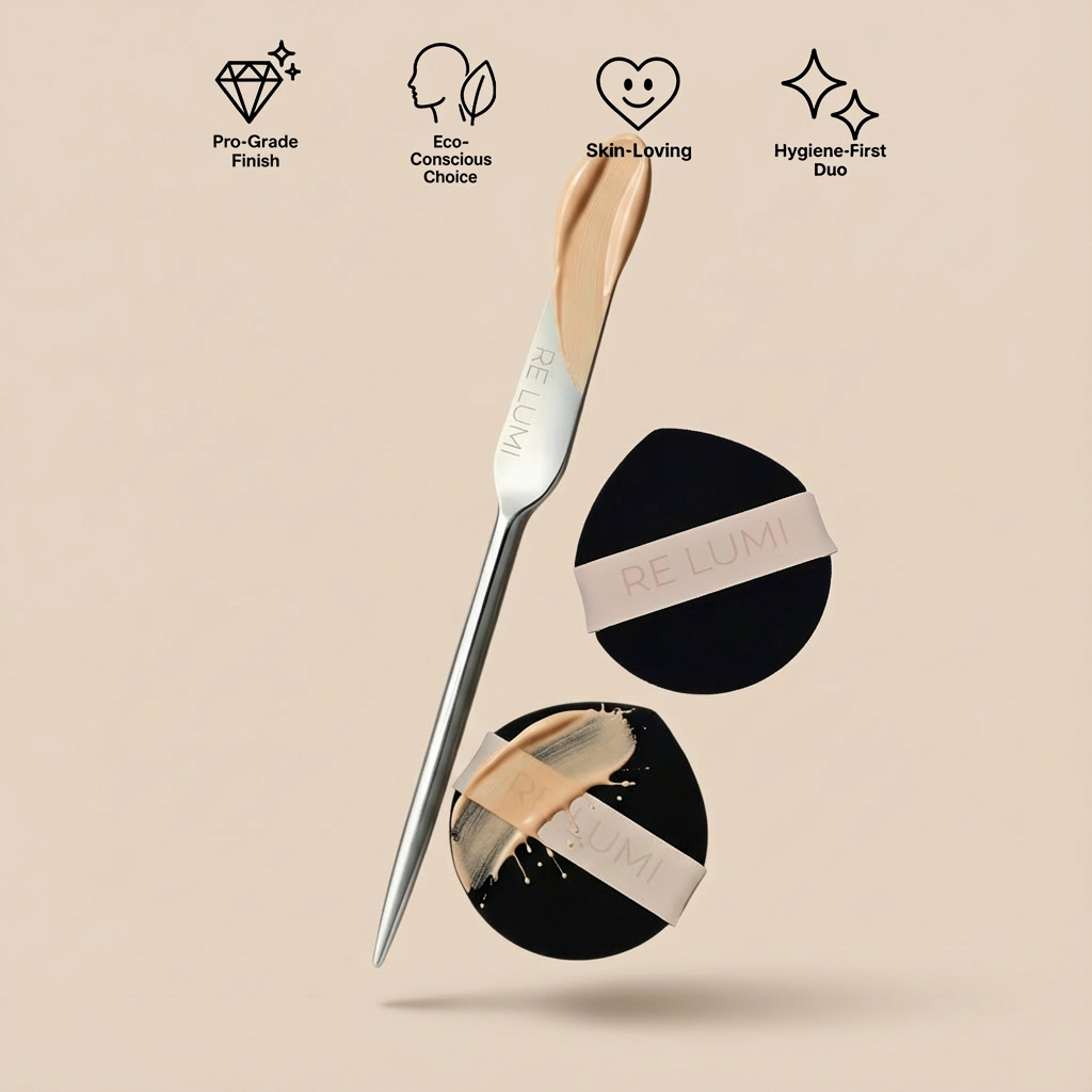 RE LUMI signature base duo with stainless steel spatula and two eco-conscious makeup puffs for a steel-smooth finish