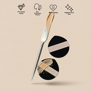 RE LUMI signature base duo with stainless steel spatula and two eco-conscious makeup puffs for a steel-smooth finish
