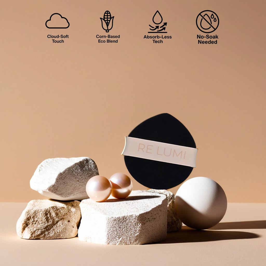 RE LUMI black eco puff on beige stones with icons showing cloud-soft, biobased, sustainable, hygienic, and skin-friendly design.