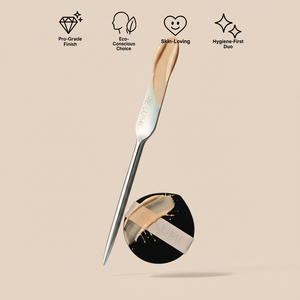 RE LUMI stainless steel spatula and bio-based puff duo on beige background, showcasing pro-grade, skin-loving, eco-friendly, and hygienic K-beauty design.