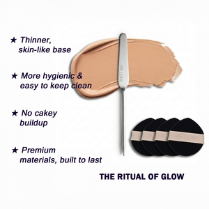 RE LUMI stainless steel makeup spatula with puff set for daily glow ritual, thin skin-like base and premium long-lasting materials